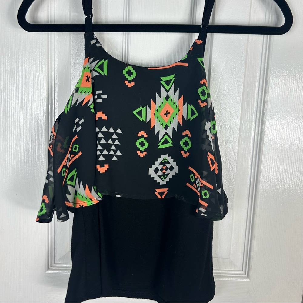 Almost Famous Black and Multicolored Aztec Print Ruffle Tank Top - Picture 4 of 4